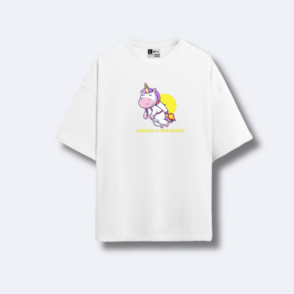 Oversize Cute Wear White | UNICORN FLYING ROCKET